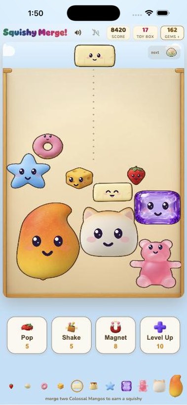 Two squishies merging into a bigger one